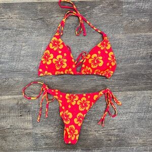 Pink and orange tropical floral print string bikini size large L B169